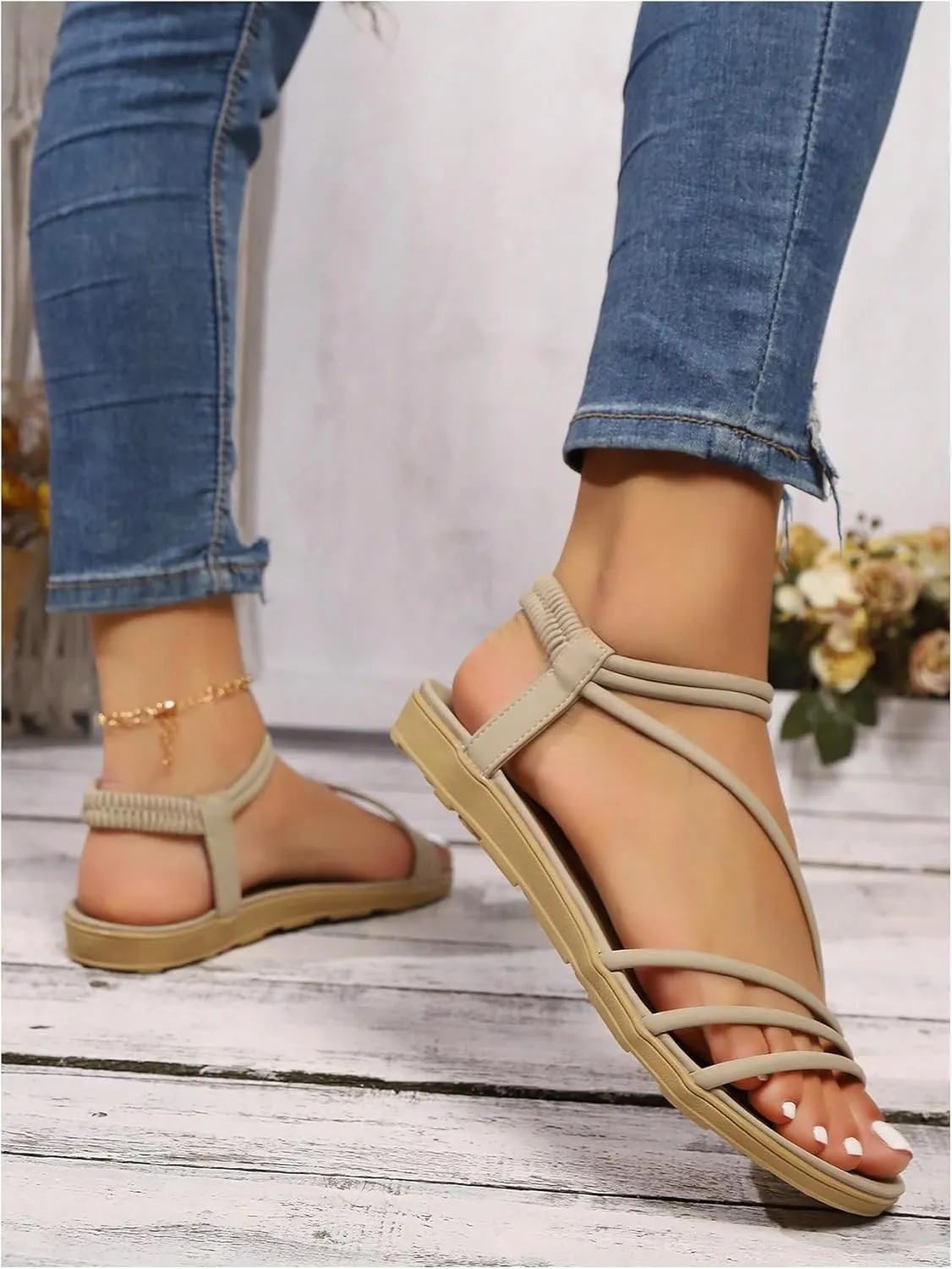 OYOANGLE Women's Leather Strappy Slingback Sandals Open Toe Slide On Ankle Strap Flat Sandals