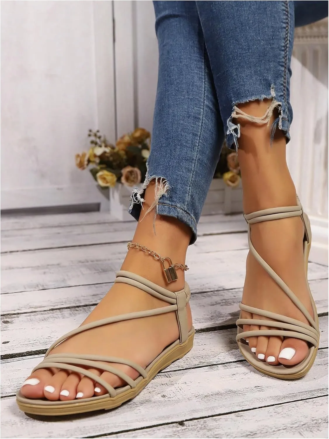 OYOANGLE Women's Leather Strappy Slingback Sandals Open Toe Slide On Ankle Strap Flat Sandals