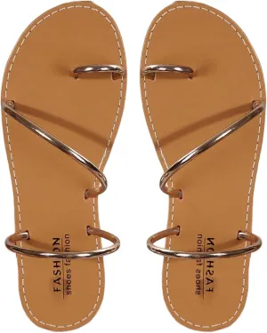 OYOANGLE Women's Metallic Strappy Toe Ring Sandals Open Toe Flat Slide On Thong Sandals