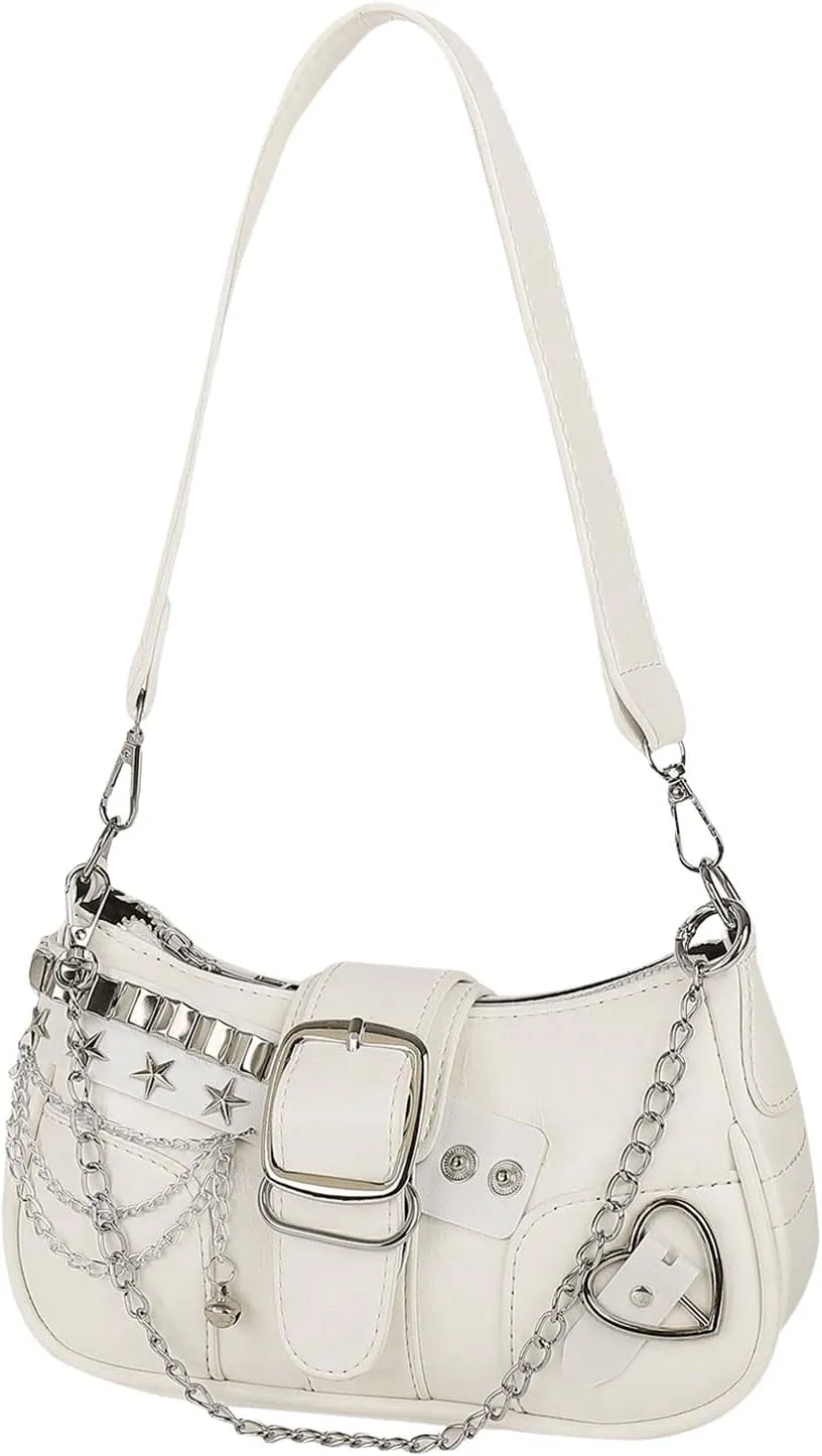 OYOANGLE Women's PU Leather Shoulder Bags Y2K Chain Decor Zipper Top Handle Handbags Small Underarm Bags