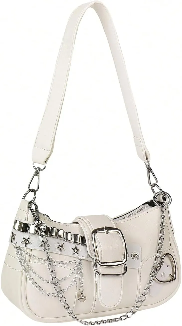 OYOANGLE Women's PU Leather Shoulder Bags Y2K Chain Decor Zipper Top Handle Handbags Small Underarm Bags