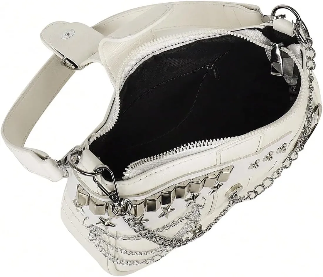 OYOANGLE Women's PU Leather Shoulder Bags Y2K Chain Decor Zipper Top Handle Handbags Small Underarm Bags