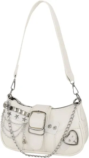 OYOANGLE Women's PU Leather Shoulder Bags Y2K Chain Decor Zipper Top Handle Handbags Small Underarm Bags