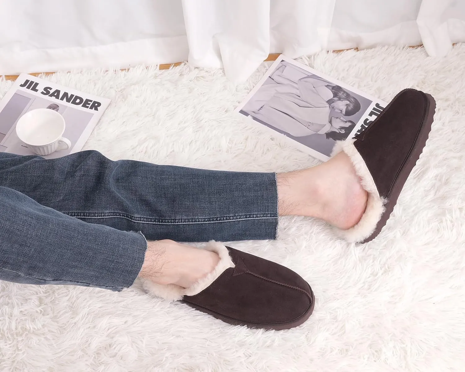 Parfeying Men's Sheepskin Shearling Slippers, Anti-slip Rubber Sole Indoor Outdoor Cow Suede Leather Slip on Slippers for Men