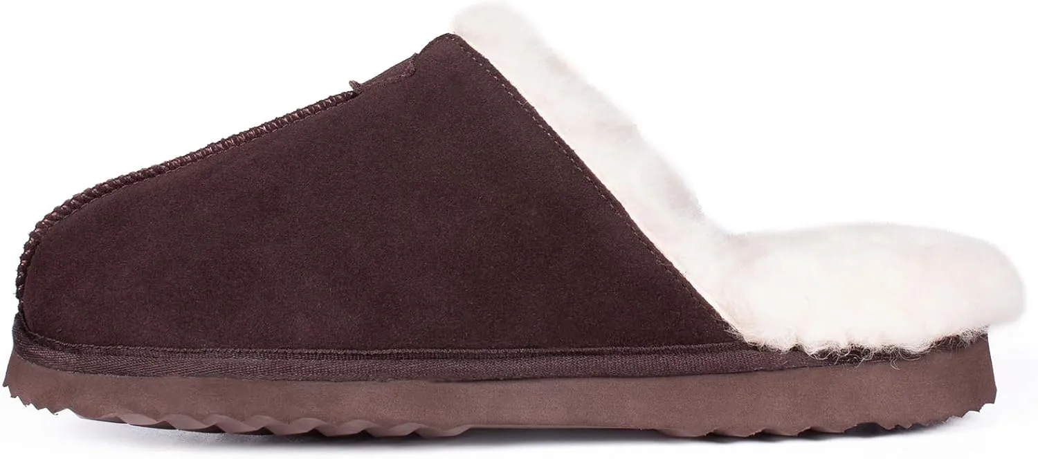 Parfeying Men's Sheepskin Shearling Slippers, Anti-slip Rubber Sole Indoor Outdoor Cow Suede Leather Slip on Slippers for Men