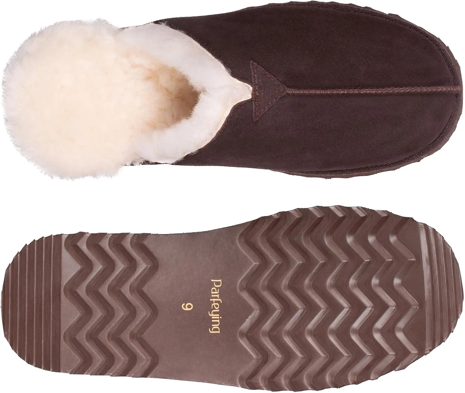 Parfeying Men's Sheepskin Shearling Slippers, Anti-slip Rubber Sole Indoor Outdoor Cow Suede Leather Slip on Slippers for Men