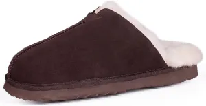 Parfeying Men's Sheepskin Shearling Slippers, Anti-slip Rubber Sole Indoor Outdoor Cow Suede Leather Slip on Slippers for Men