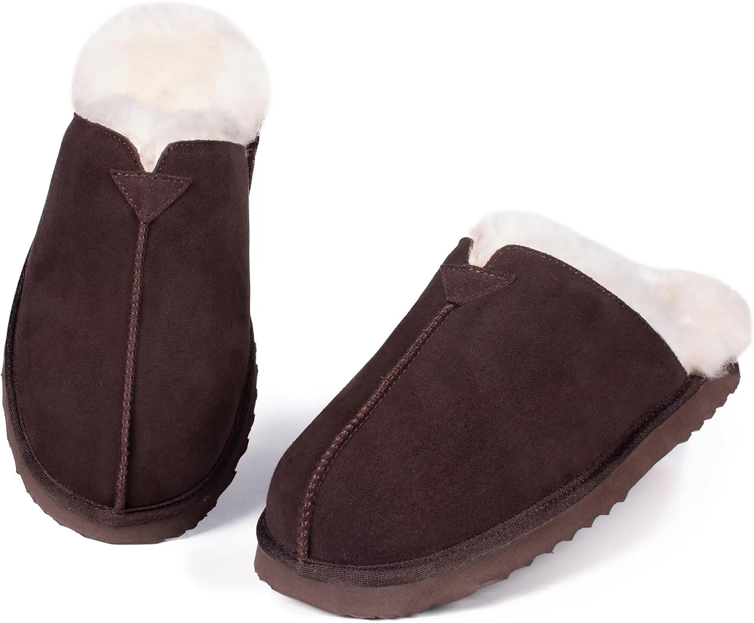 Parfeying Men's Sheepskin Shearling Slippers, Anti-slip Rubber Sole Indoor Outdoor Cow Suede Leather Slip on Slippers for Men