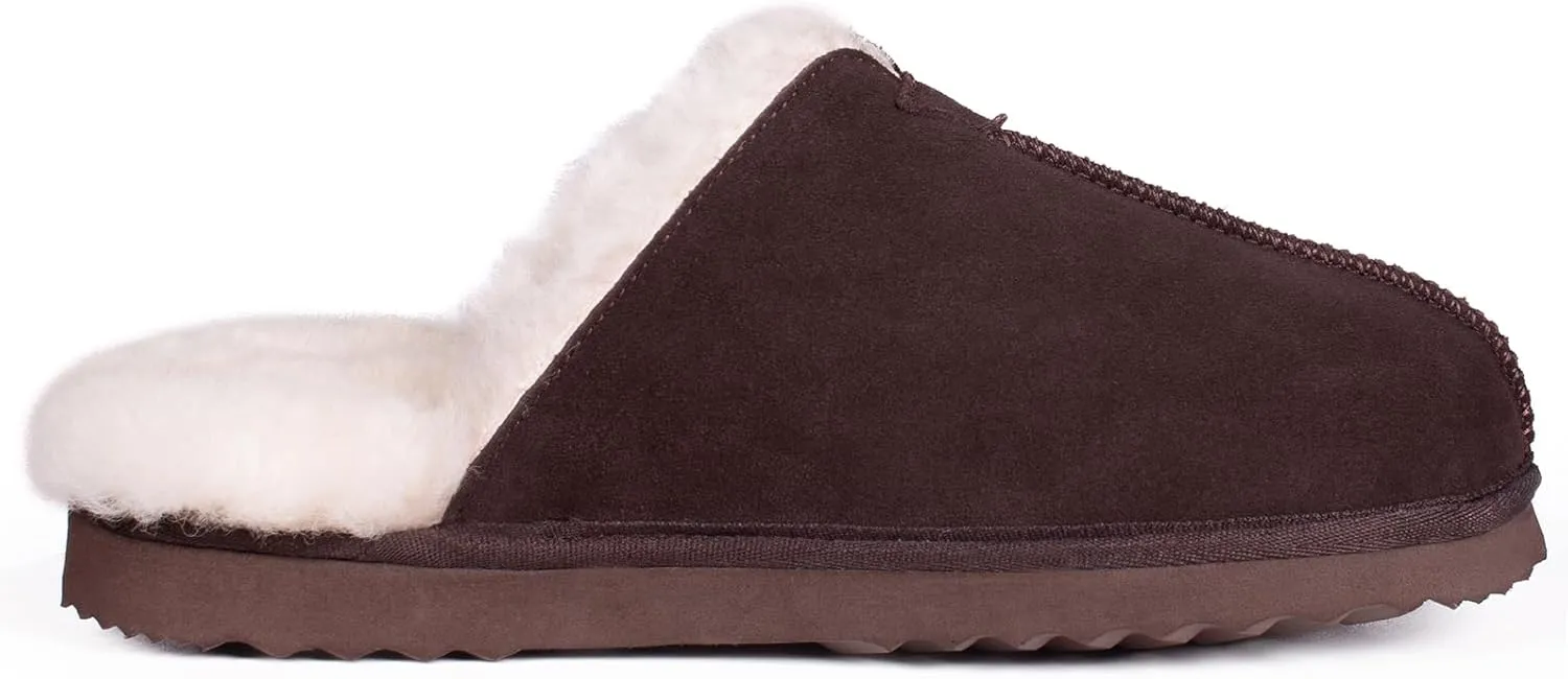 Parfeying Men's Sheepskin Shearling Slippers, Anti-slip Rubber Sole Indoor Outdoor Cow Suede Leather Slip on Slippers for Men