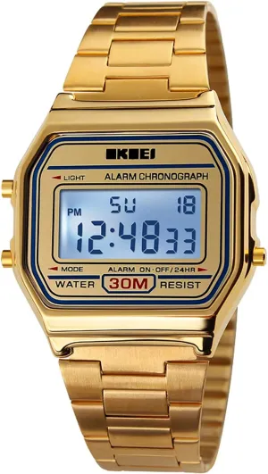 PASOY Men's Digital Gold Stainless Steel Watch Backlit Multifunction Stopwatch Waterproof Sport Watches