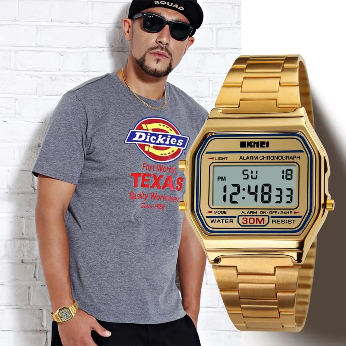 PASOY Men's Digital Gold Stainless Steel Watch Backlit Multifunction Stopwatch Waterproof Sport Watches