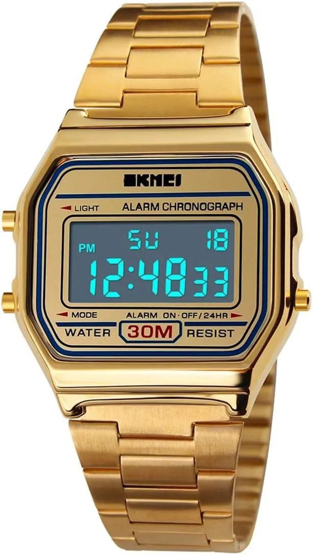PASOY Men's Digital Gold Stainless Steel Watch Backlit Multifunction Stopwatch Waterproof Sport Watches