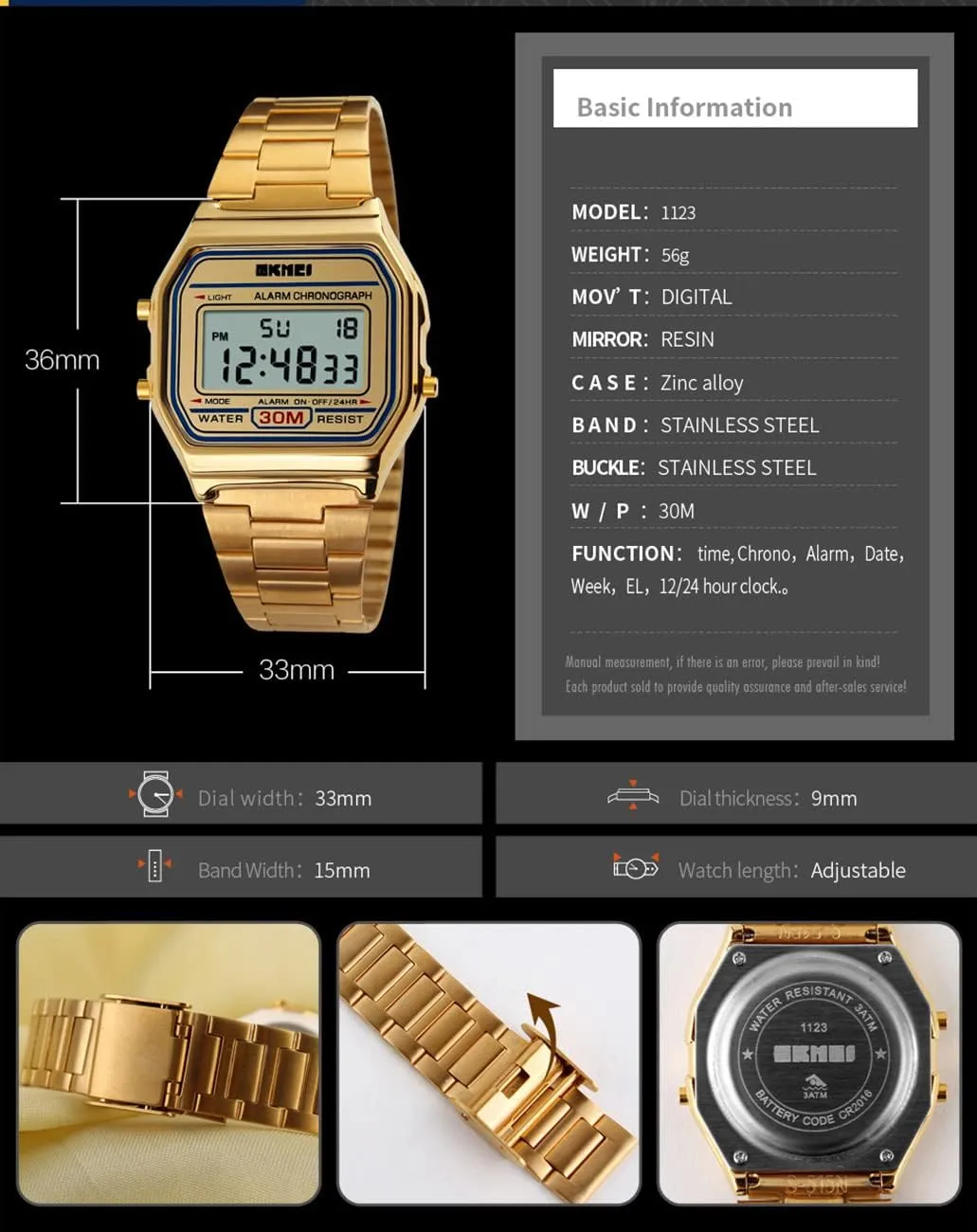 PASOY Men's Digital Gold Stainless Steel Watch Backlit Multifunction Stopwatch Waterproof Sport Watches