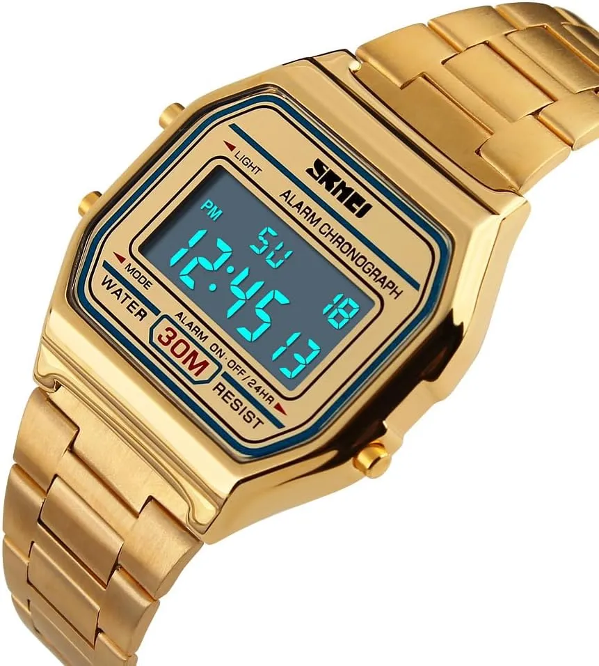PASOY Men's Digital Gold Stainless Steel Watch Backlit Multifunction Stopwatch Waterproof Sport Watches