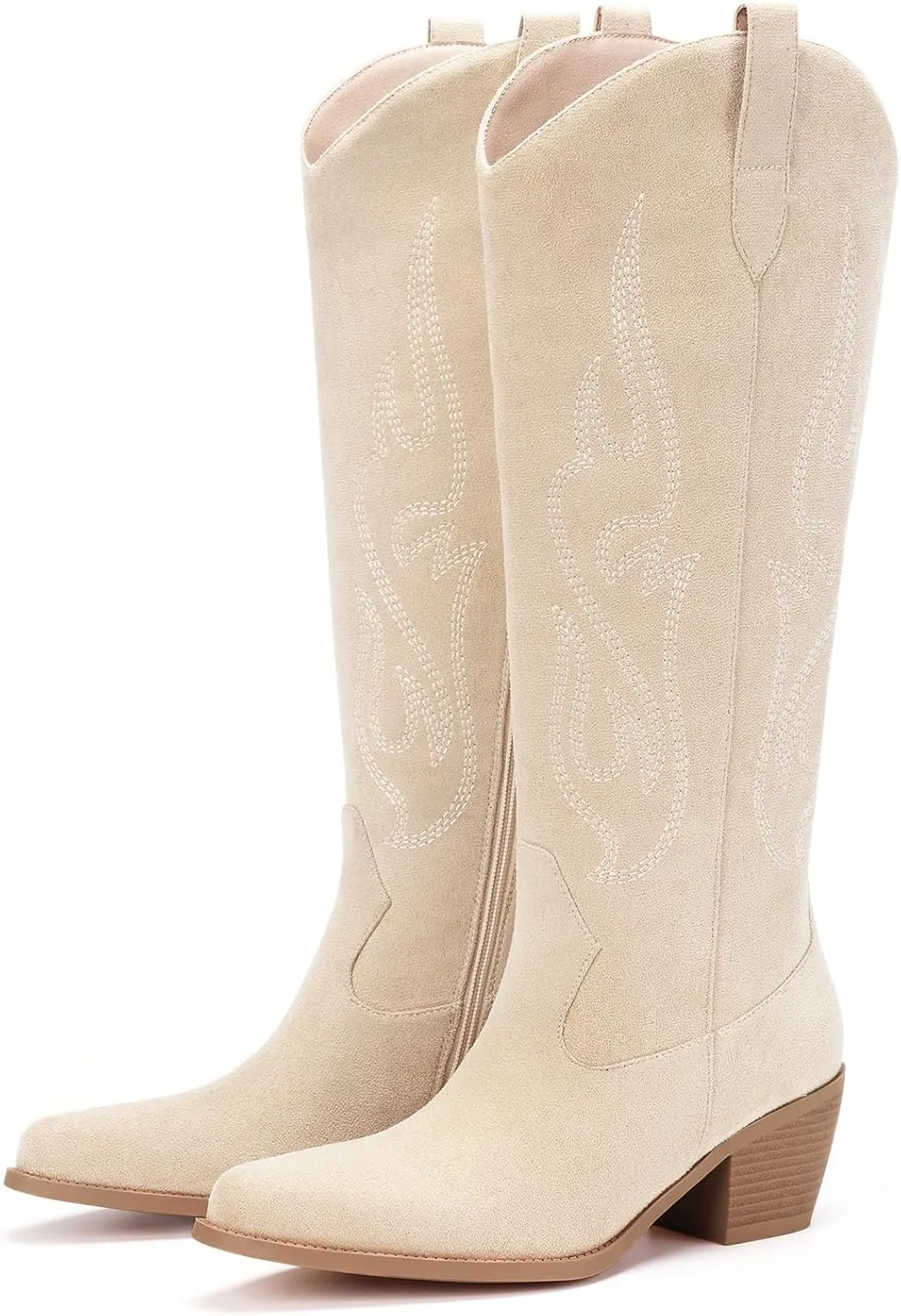 Pasuot Western Cowboy Boots for Women - Knee High Wide Calf Cowgirl Boots with Classic Embroidered, Slip On Pointed Toe Chunky Heel Fashion Retro Classic Pull On Tall Boot for Girls Ladies Fall Winter