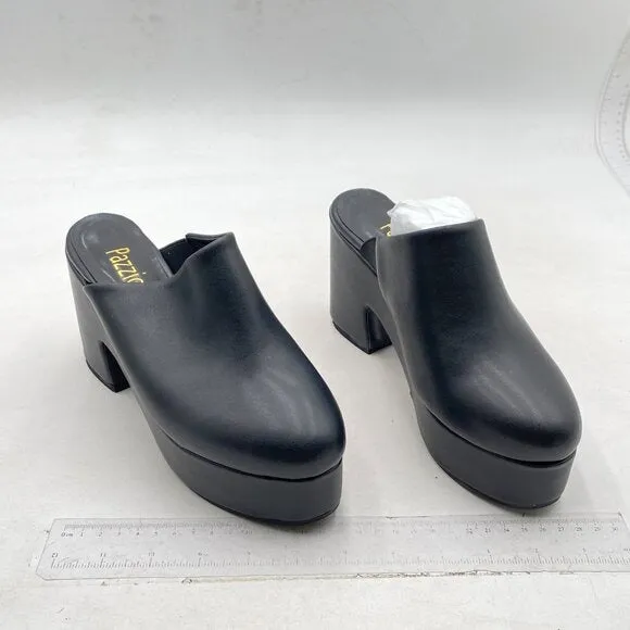 Pazzion Black Thick Platform Round Toe Clog Mule Slip On Block High Heel Slipper