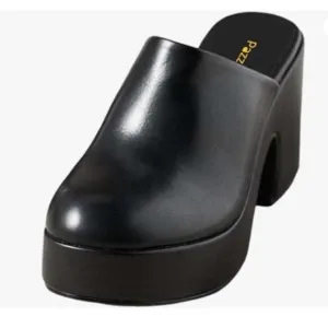 Pazzion Black Thick Platform Round Toe Clog Mule Slip On Block High Heel Slipper