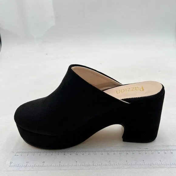 Pazzion Black Thick Platform Round Toe Clog Mule Slip On Block High Heel Slipper