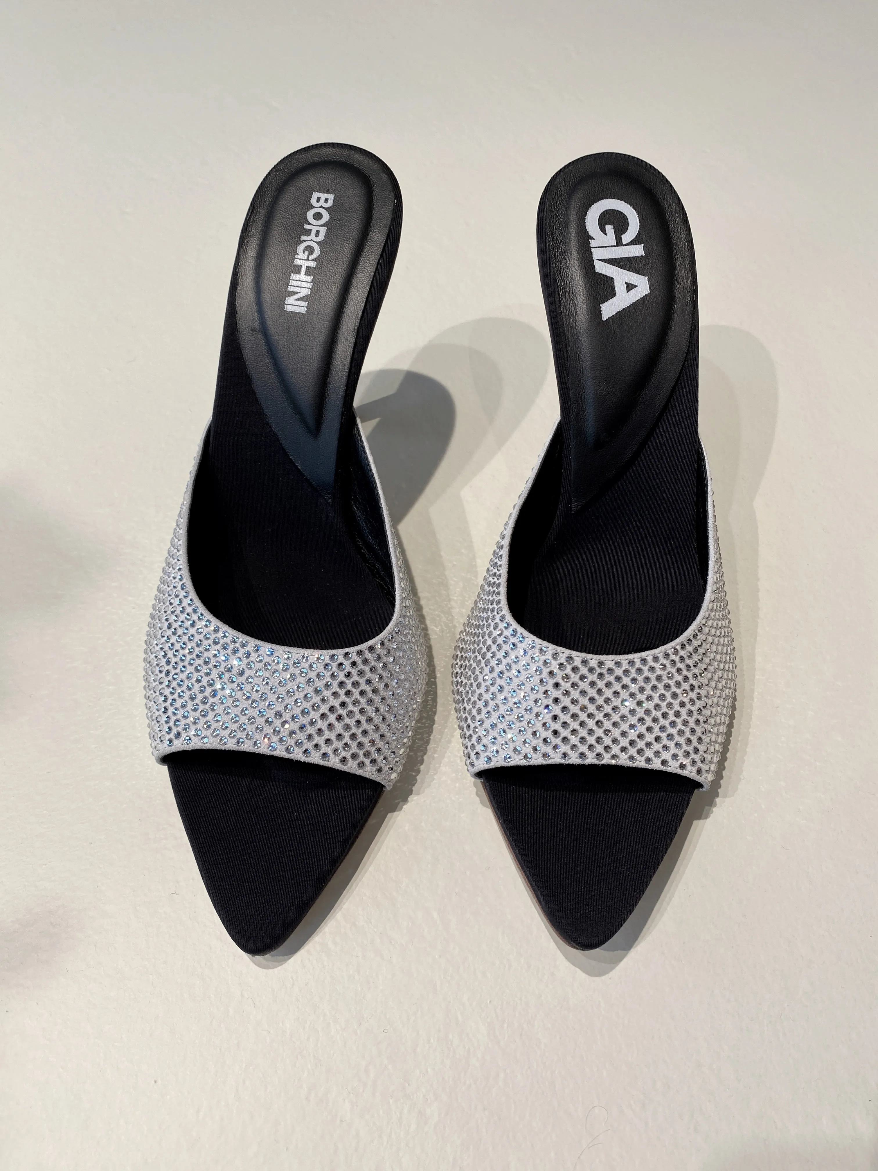 Perni 04, Silver/Black Uni Strass, Pointe Toe Mule