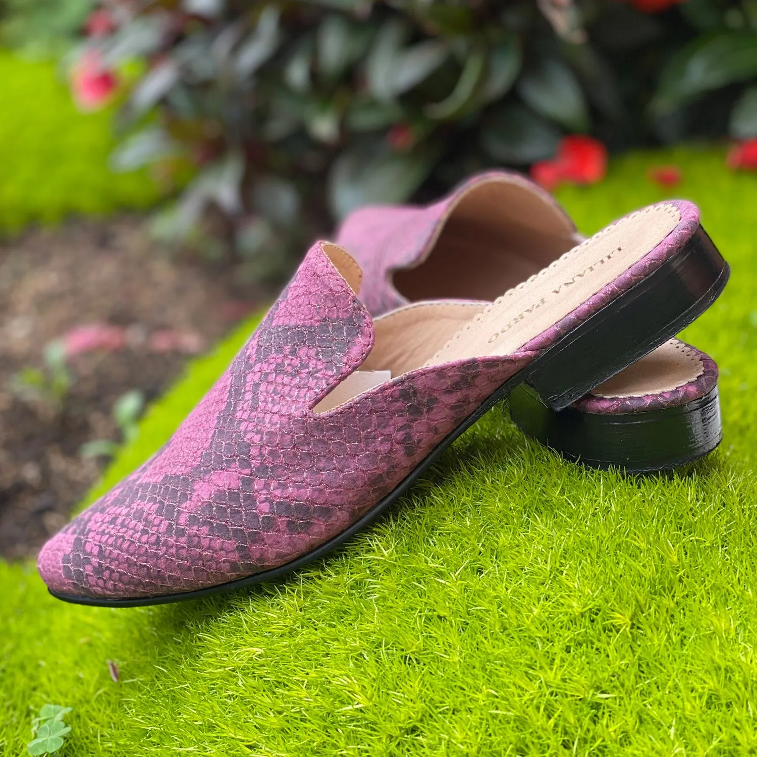 Pink Faux Snakeskin Mules Flat