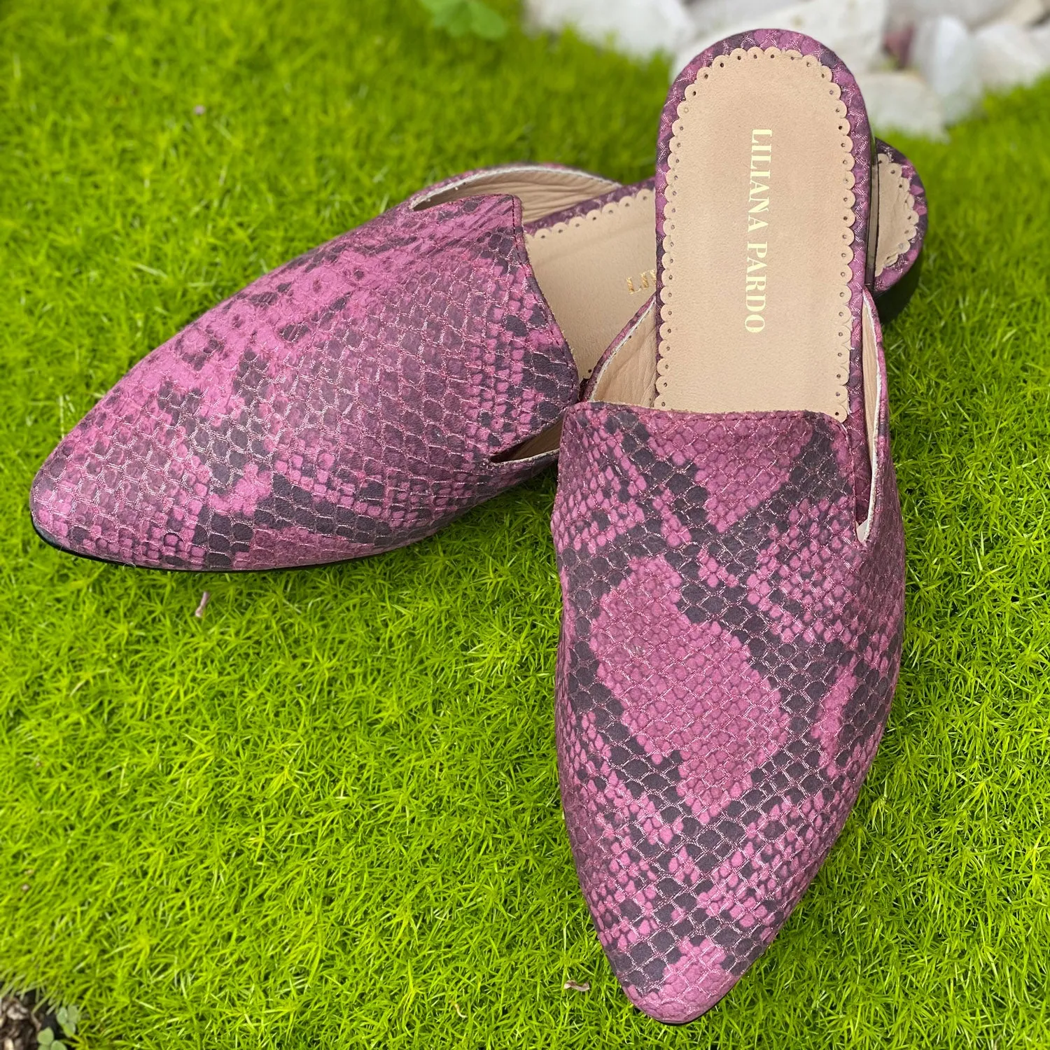 Pink Faux Snakeskin Mules Flat