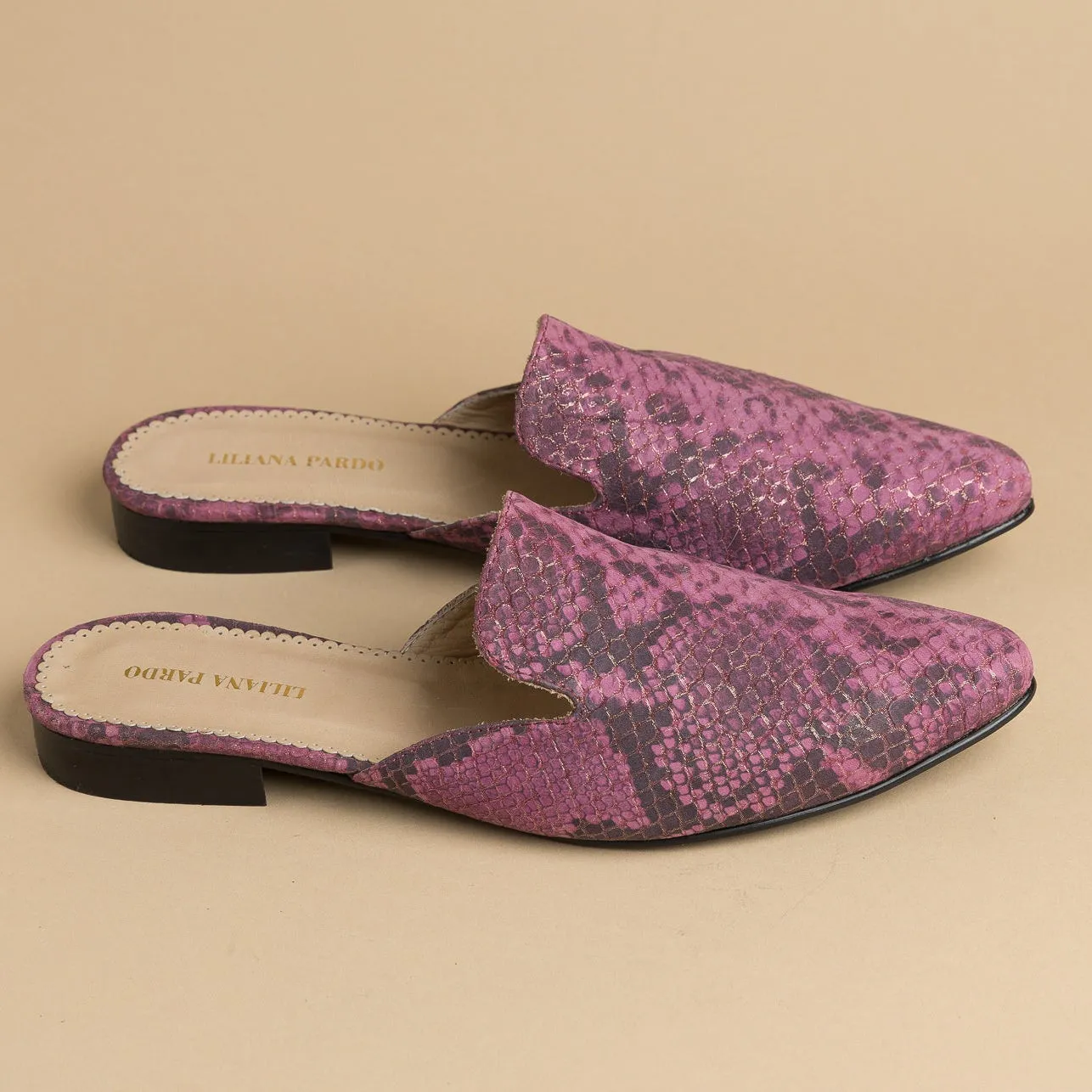 Pink Faux Snakeskin Mules Flat