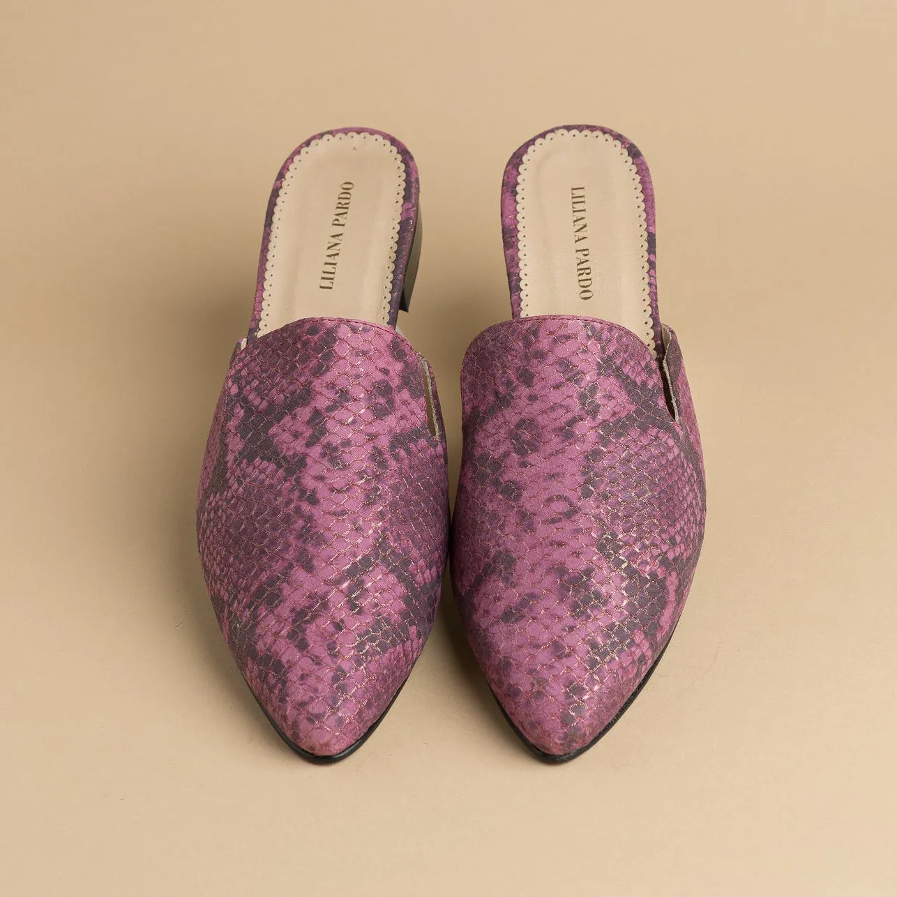 Pink Faux Snakeskin Mules Flat