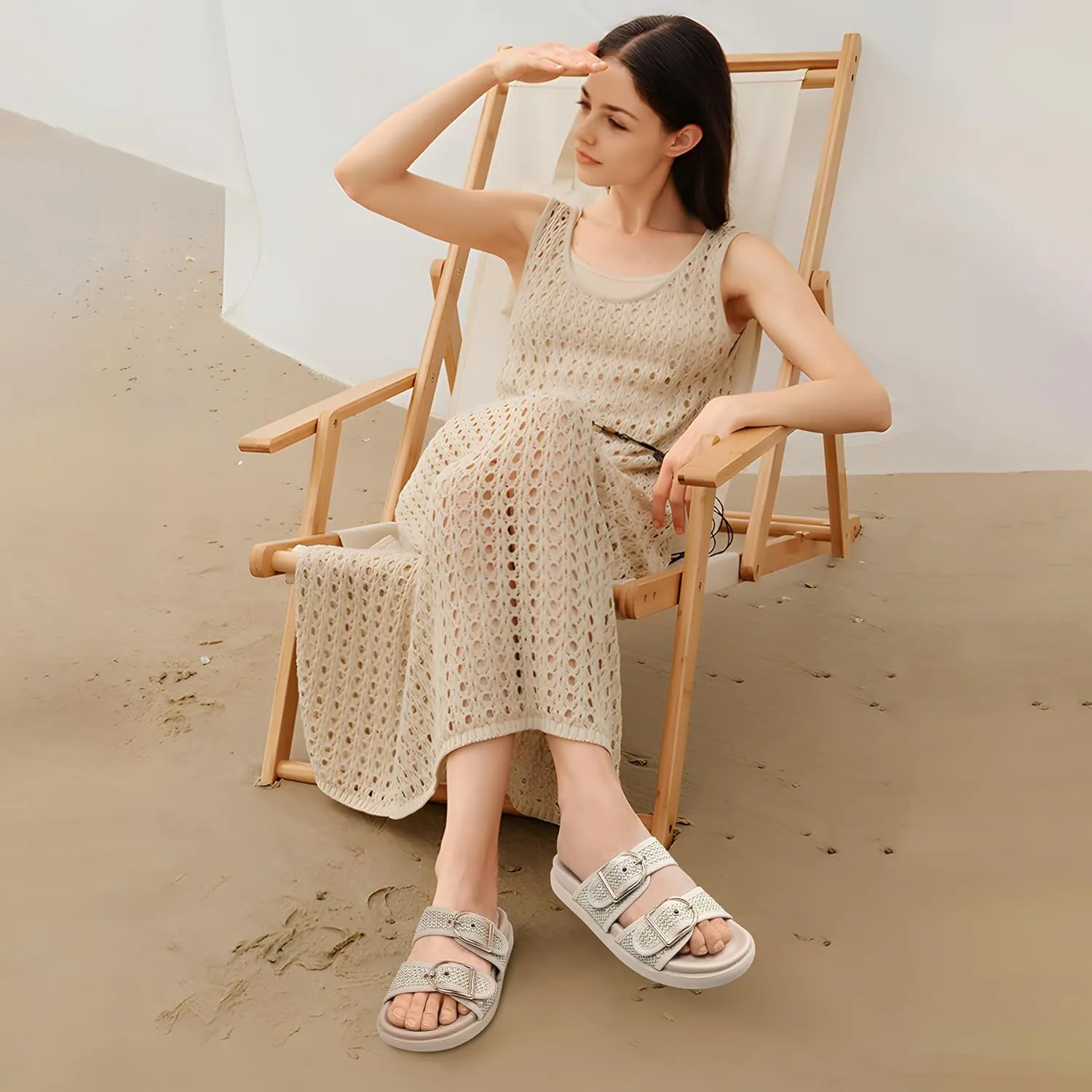 Platform Sandals Women,Womens Sandals-Studded Silde Sandals-Double Buckle Adjustable-Beach Sandals for Women-Flat Sandals Summer Vacation