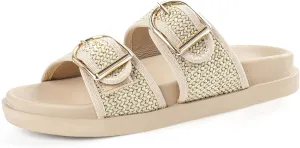 Platform Sandals Women,Womens Sandals-Studded Silde Sandals-Double Buckle Adjustable-Beach Sandals for Women-Flat Sandals Summer Vacation