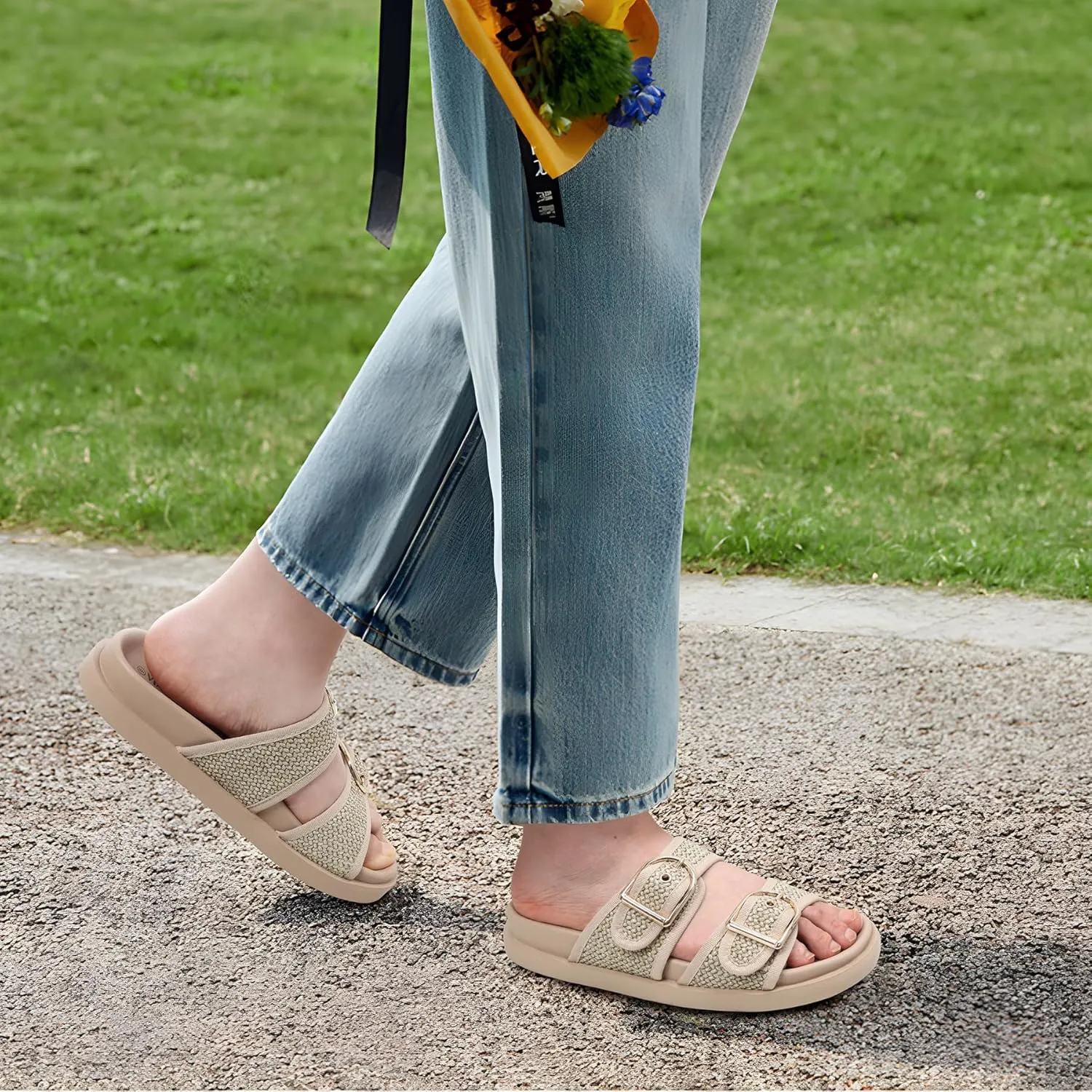 Platform Sandals Women,Womens Sandals-Studded Silde Sandals-Double Buckle Adjustable-Beach Sandals for Women-Flat Sandals Summer Vacation