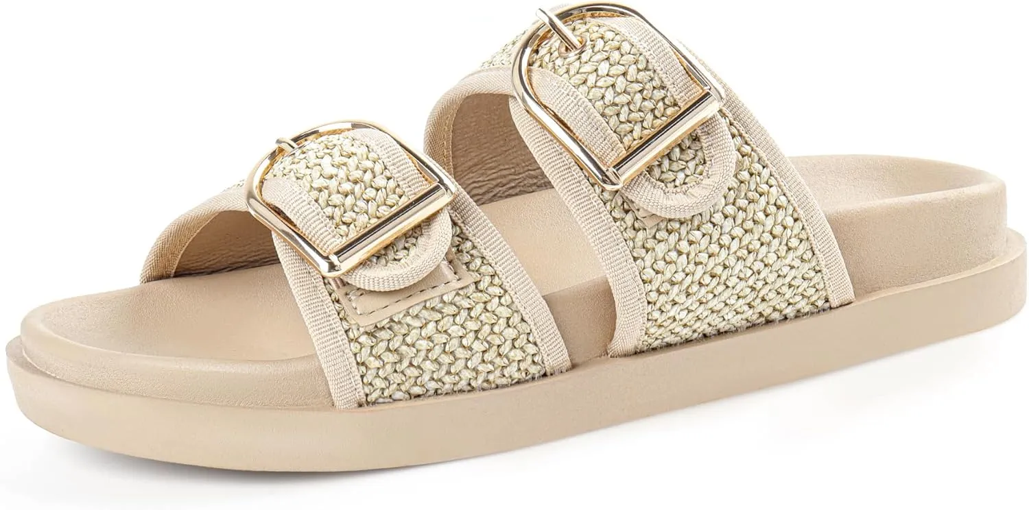 Platform Sandals Women,Womens Sandals-Studded Silde Sandals-Double Buckle Adjustable-Beach Sandals for Women-Flat Sandals Summer Vacation