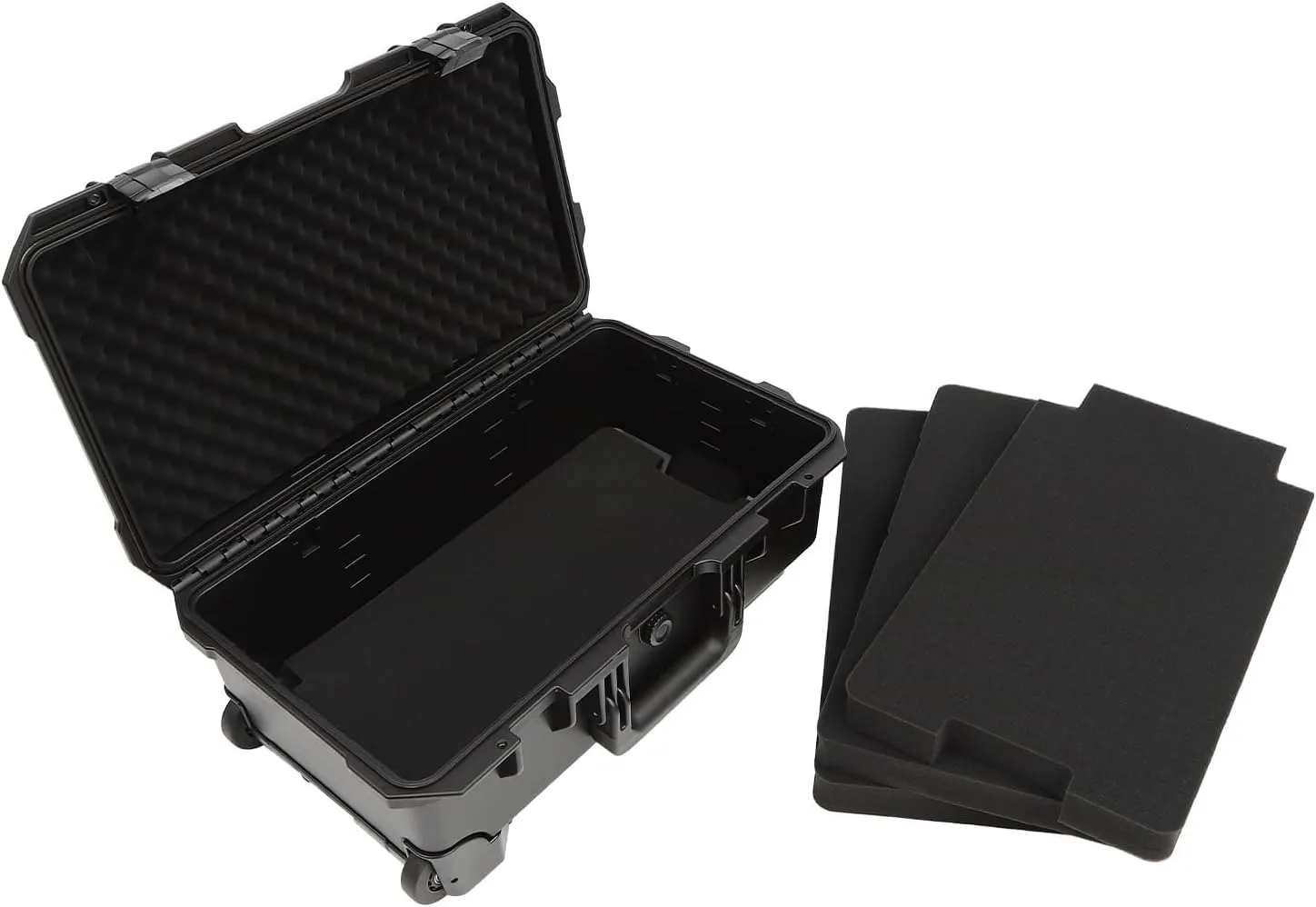 Protective Camera Case, 22" Wheeled Waterproof Protective Hard Case, 110 lbs Load Multi-purpose Transport Storage Box with Foam, Carry-on Trolley Case with Retractable Pull Handle, 14*9.3*22in Black