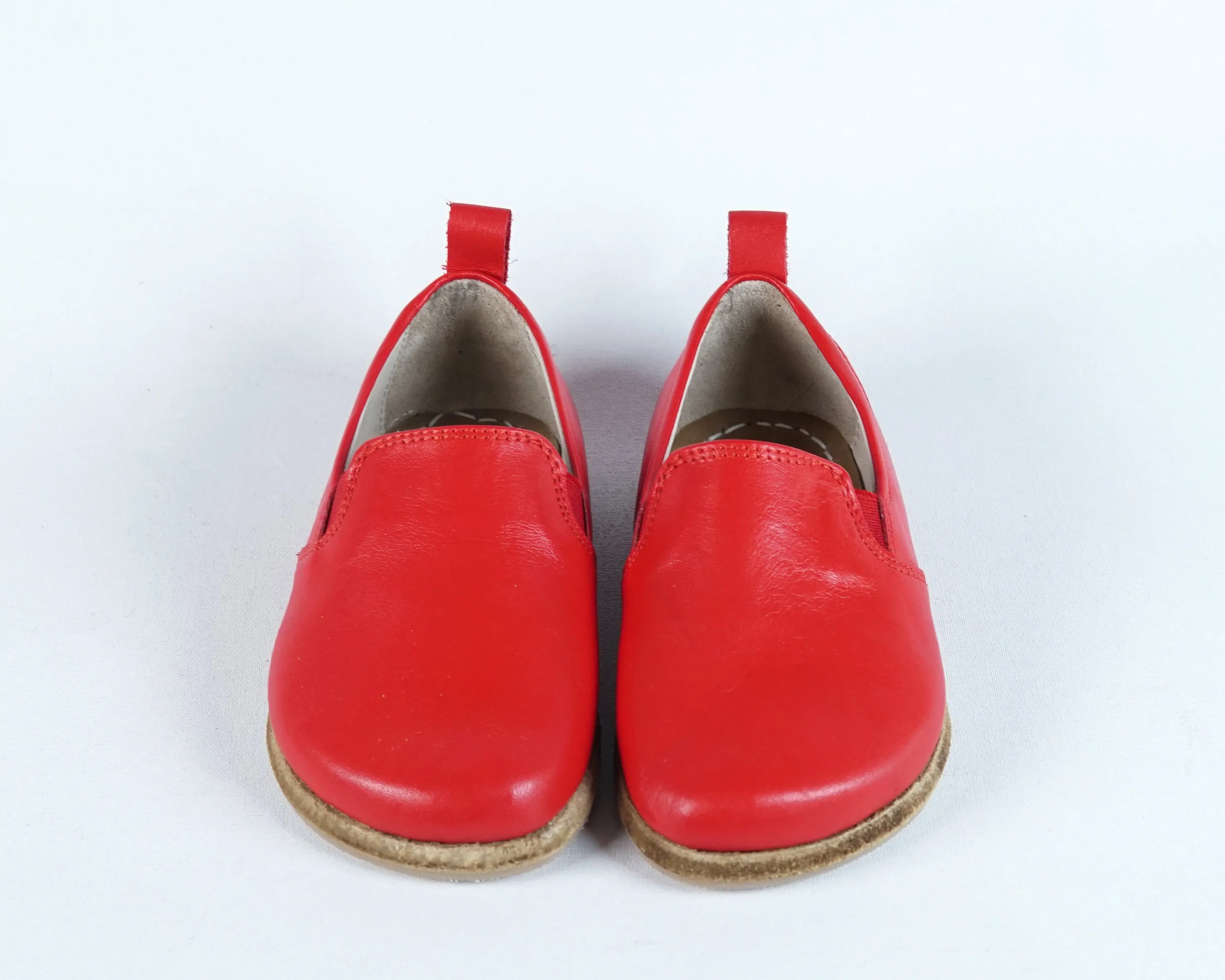 Red Kids Slip-On Wide Barefoot Shoes Smooth Leather Handmade Leather & Rubber Sole