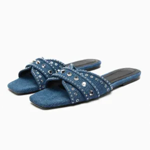 Rhinestone Embellished Denim Slip On Flat Mules