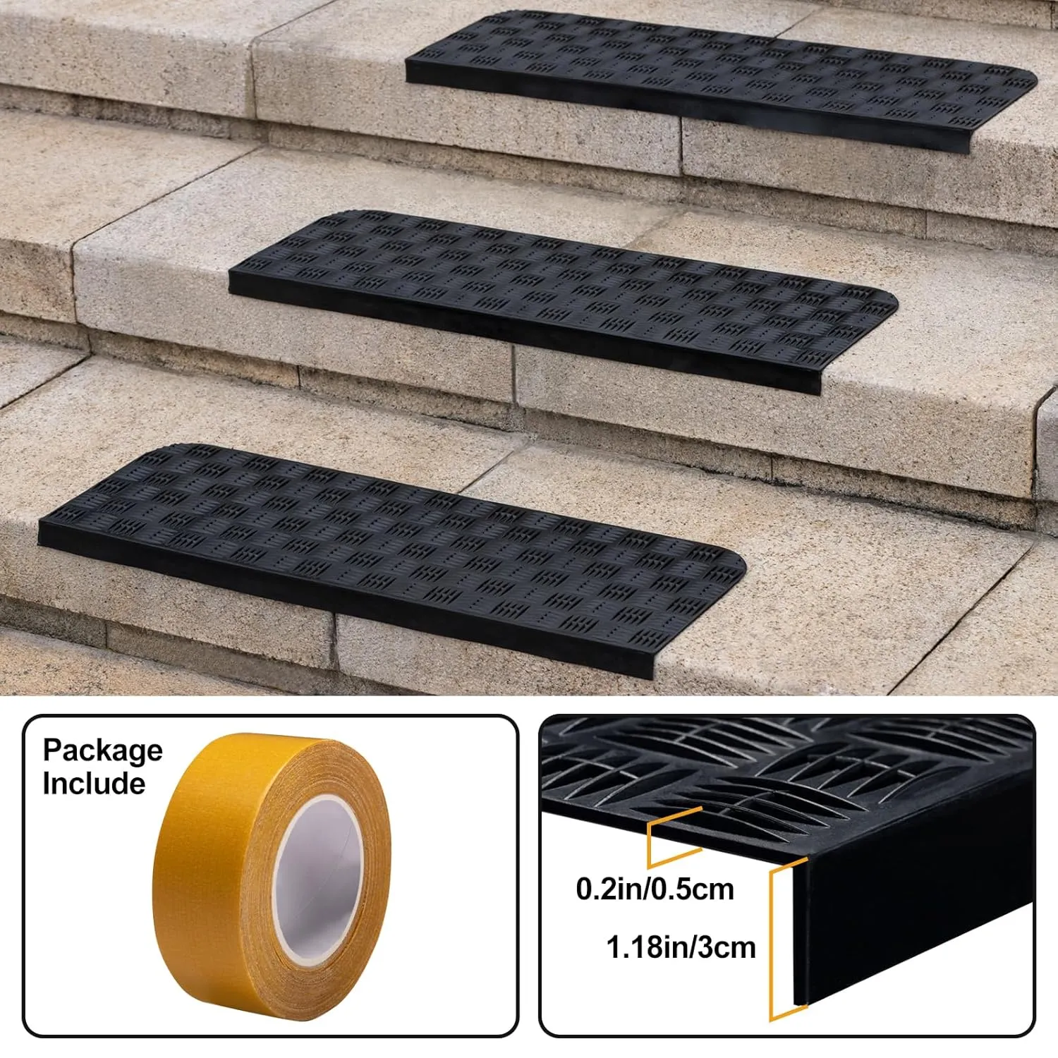 Rubber Stair Treads Non Slip Outdoor/Indoor 30" x 10" 6-Pack, Outdoor Stair Treads with Nosing for Garage, Patio, Wooden Marble Tile Metal Concrete Steps
