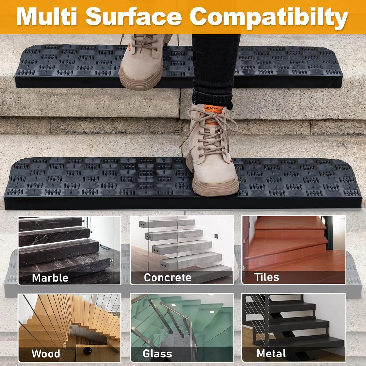 Rubber Stair Treads Non Slip Outdoor/Indoor 30" x 10" 6-Pack, Outdoor Stair Treads with Nosing for Garage, Patio, Wooden Marble Tile Metal Concrete Steps