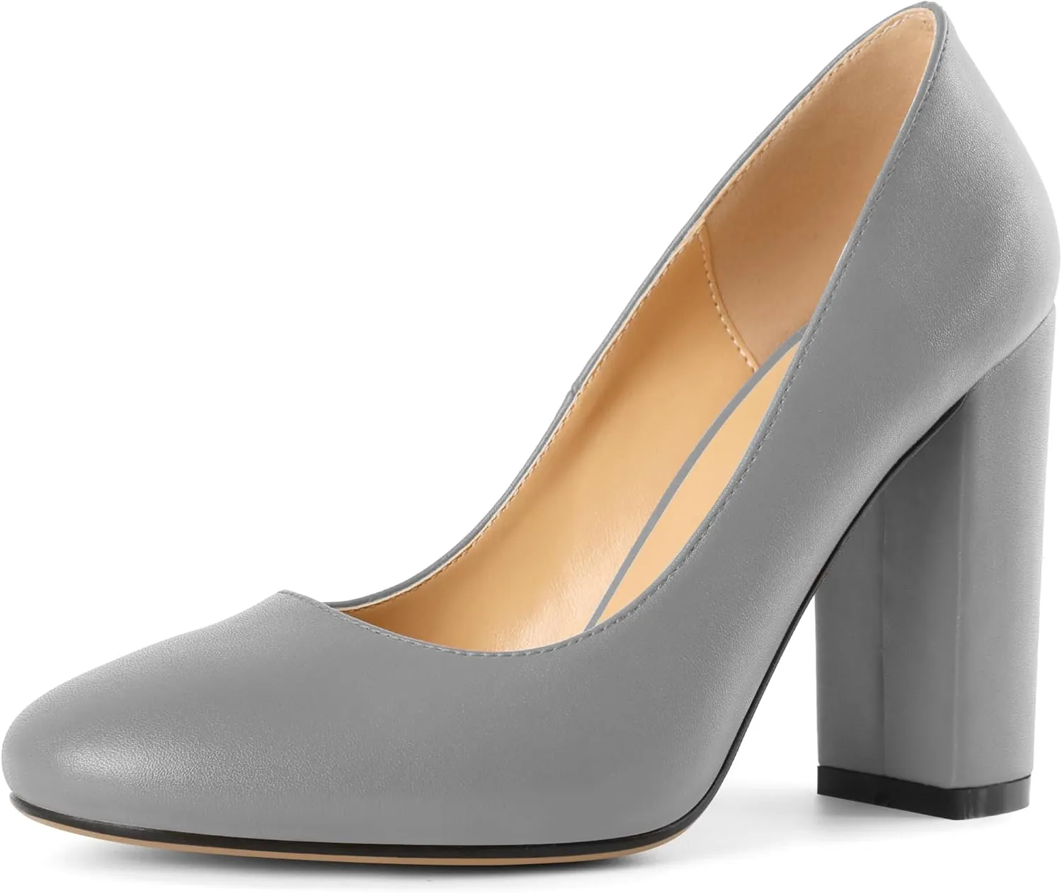 SAMMITOP Women's Round Toe Block Heel Pumps Slip On Chunky High Heels Classic Dress Shoes for Wedding Party Events 4''