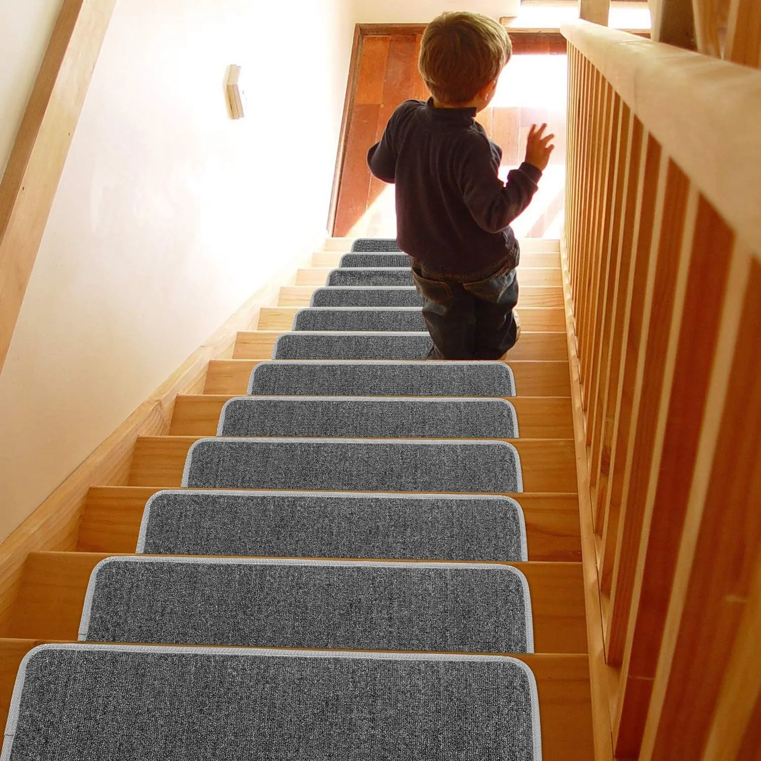Seloom 13pcs Carpet Stair Treads, Indoor Non-Slip Edging Stair Rugs Covers Rubber Backing Anti Slip Indoor Stair Mats Removable Washable Step Runners for Wooden Stairs(25.5×9.5In,Dark Grey)