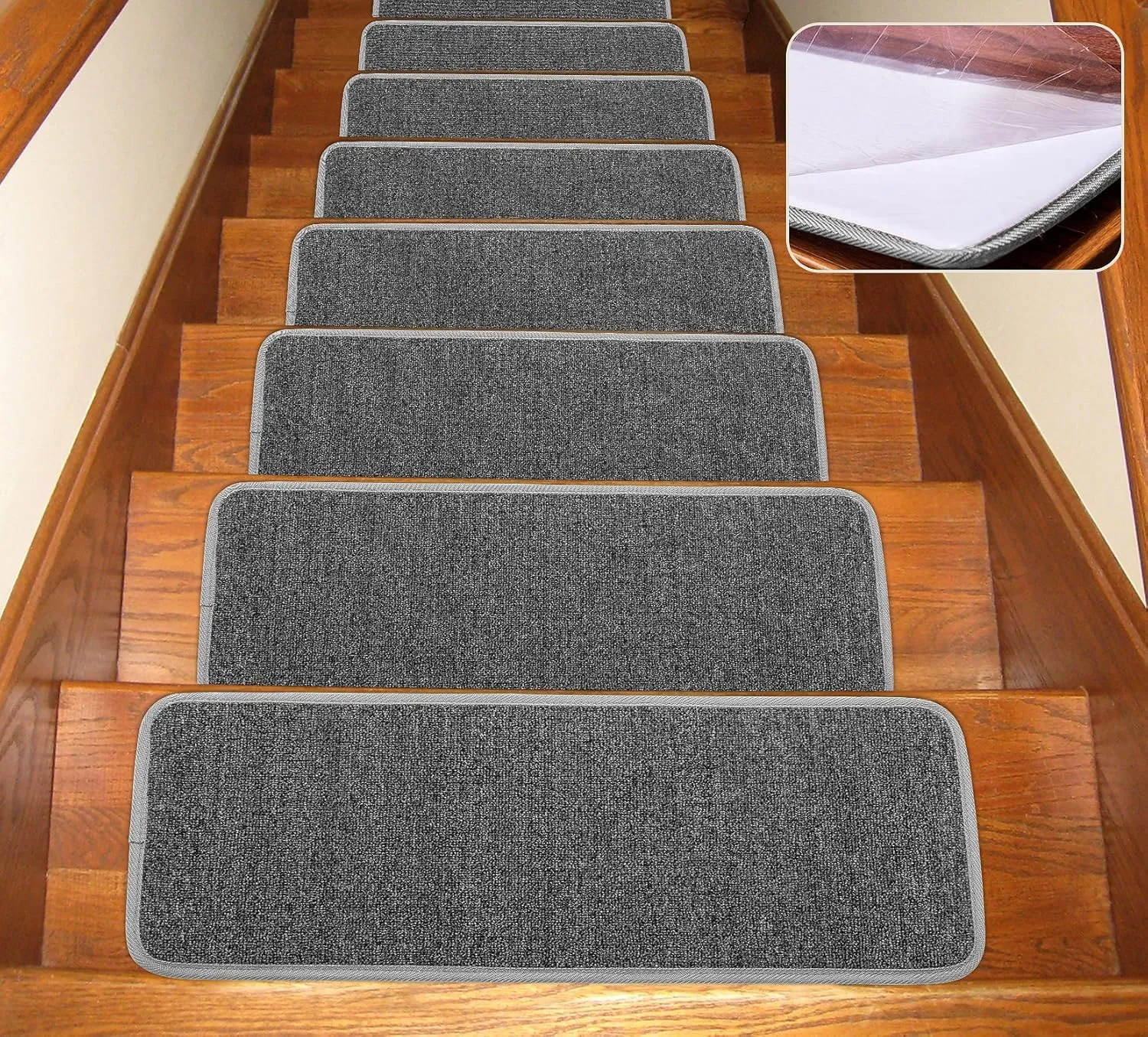 Seloom 13pcs Carpet Stair Treads, Indoor Non-Slip Edging Stair Rugs Covers Rubber Backing Anti Slip Indoor Stair Mats Removable Washable Step Runners for Wooden Stairs(25.5×9.5In,Dark Grey)