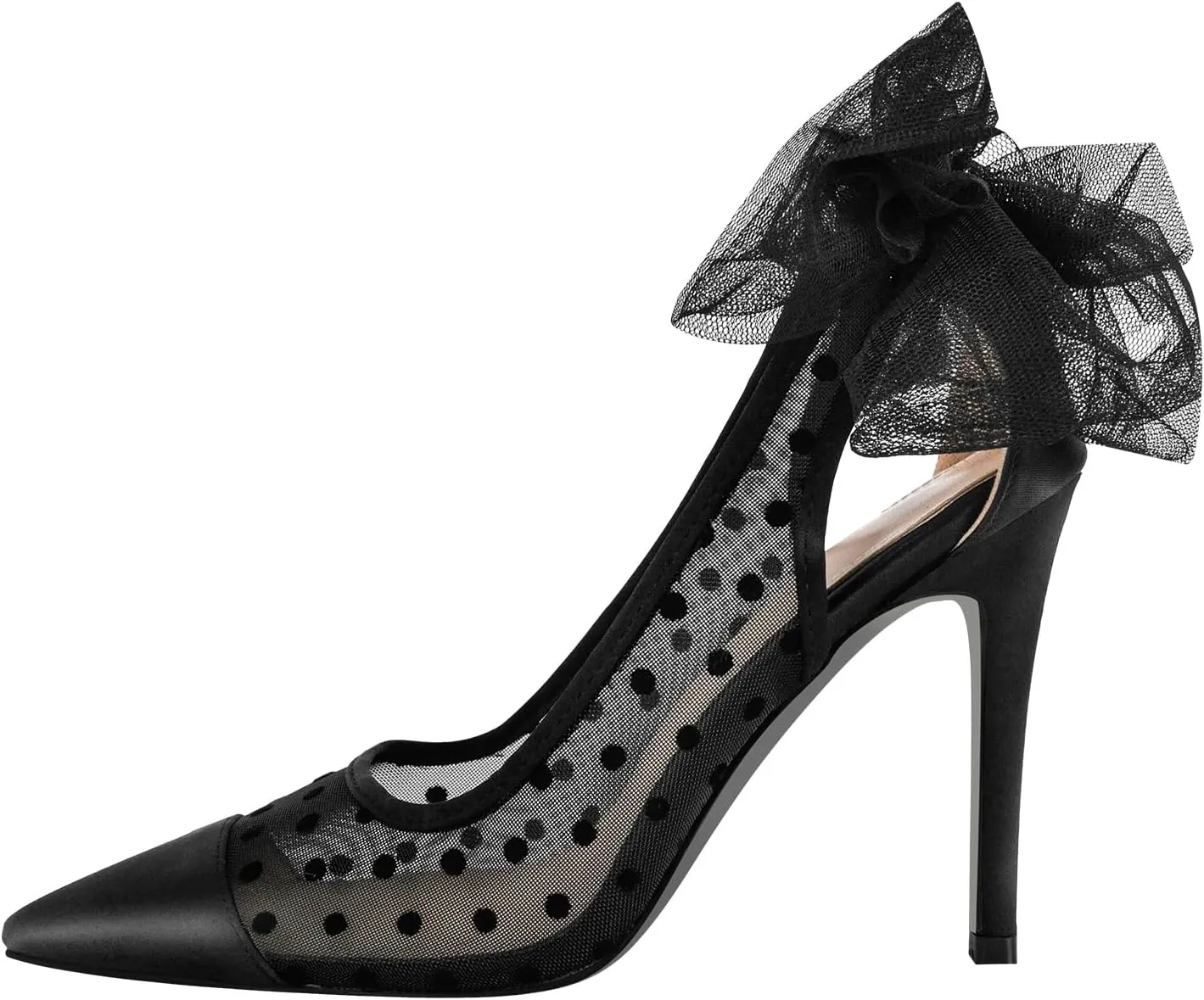 sexytag Women's Polka Dot Bow Heels Mesh Stiletto Heels Slip On Closed Pointed Toe Wedding Pumps 3 Inch