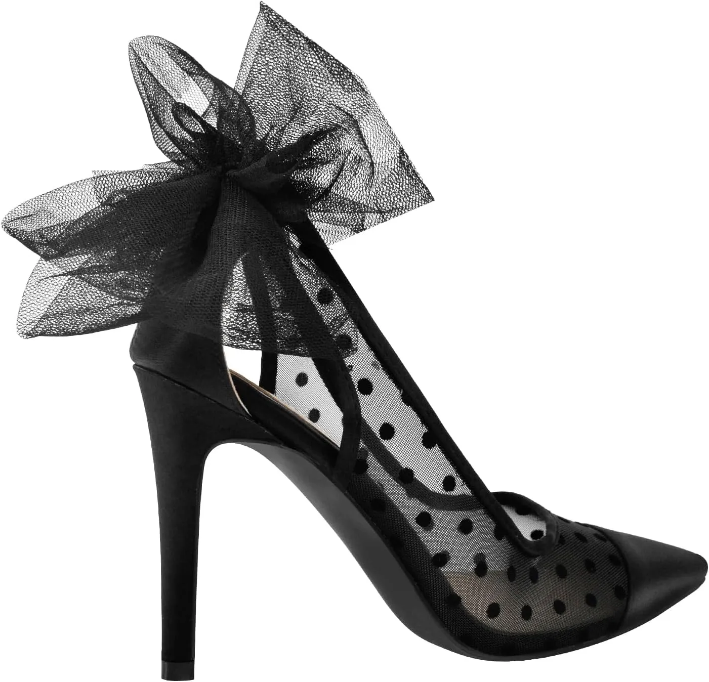 sexytag Women's Polka Dot Bow Heels Mesh Stiletto Heels Slip On Closed Pointed Toe Wedding Pumps 3 Inch
