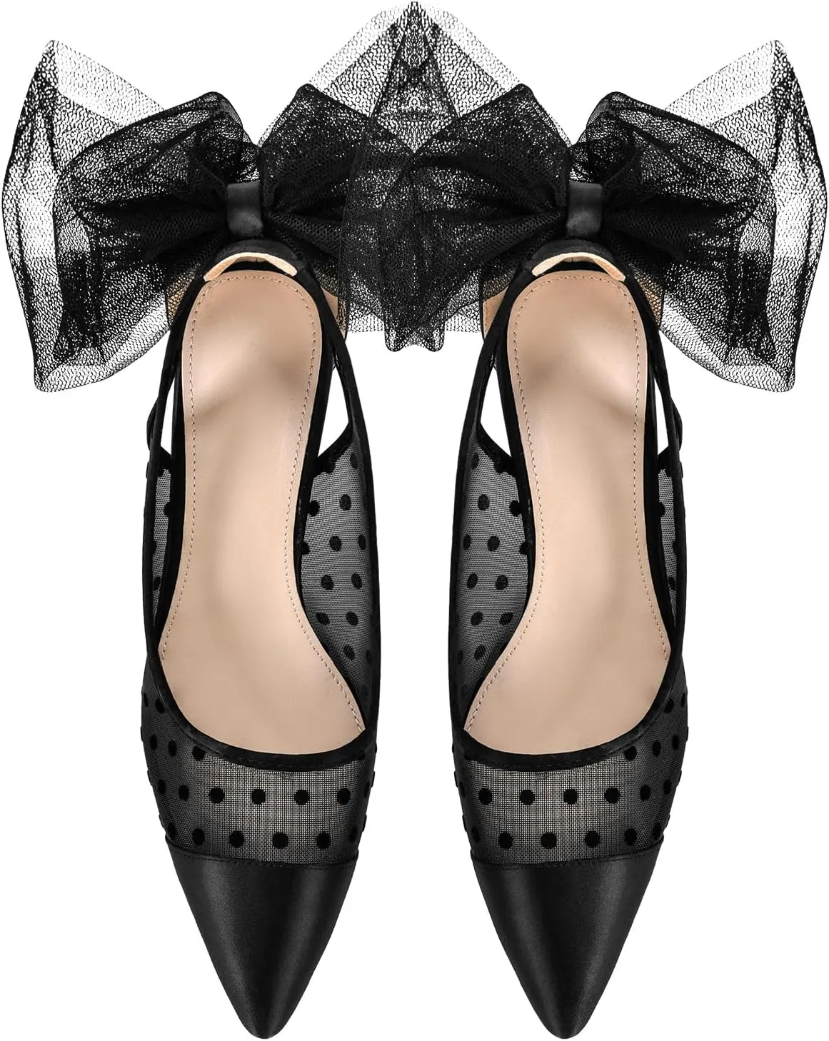 sexytag Women's Polka Dot Bow Heels Mesh Stiletto Heels Slip On Closed Pointed Toe Wedding Pumps 3 Inch