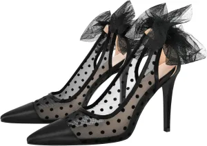 sexytag Women's Polka Dot Bow Heels Mesh Stiletto Heels Slip On Closed Pointed Toe Wedding Pumps 3 Inch