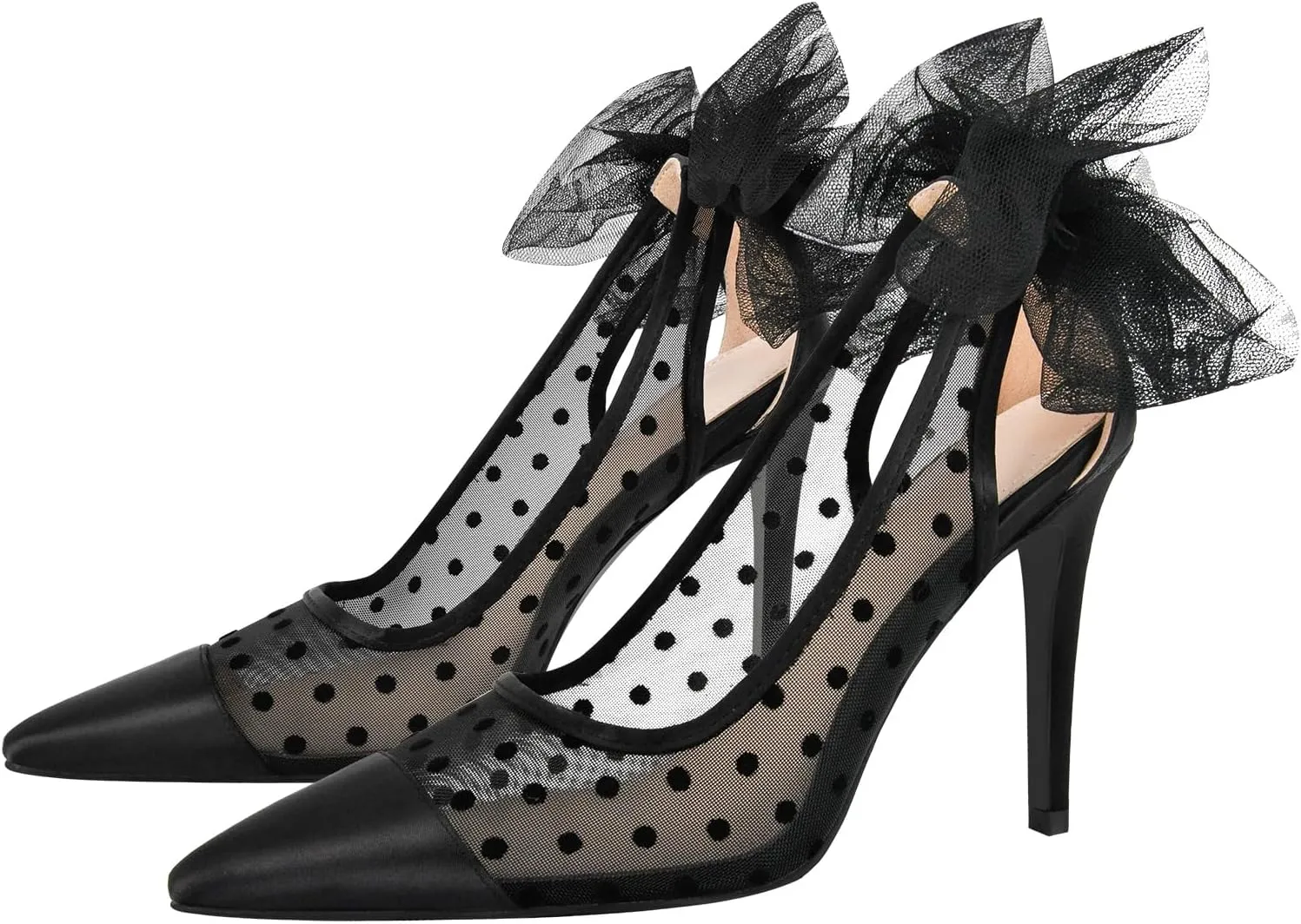 sexytag Women's Polka Dot Bow Heels Mesh Stiletto Heels Slip On Closed Pointed Toe Wedding Pumps 3 Inch