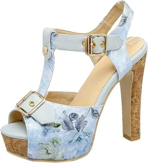 Shinelly Women Floral Peep Toe T-Strap Platform Chunky Block Heel Sandals High Heeled Sandal