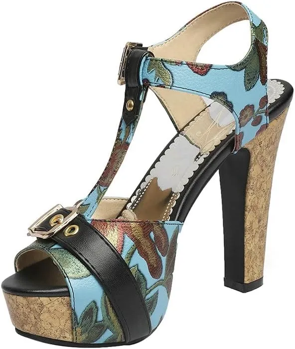 Shinelly Women Floral Peep Toe T-Strap Platform Chunky Block Heel Sandals High Heeled Sandal