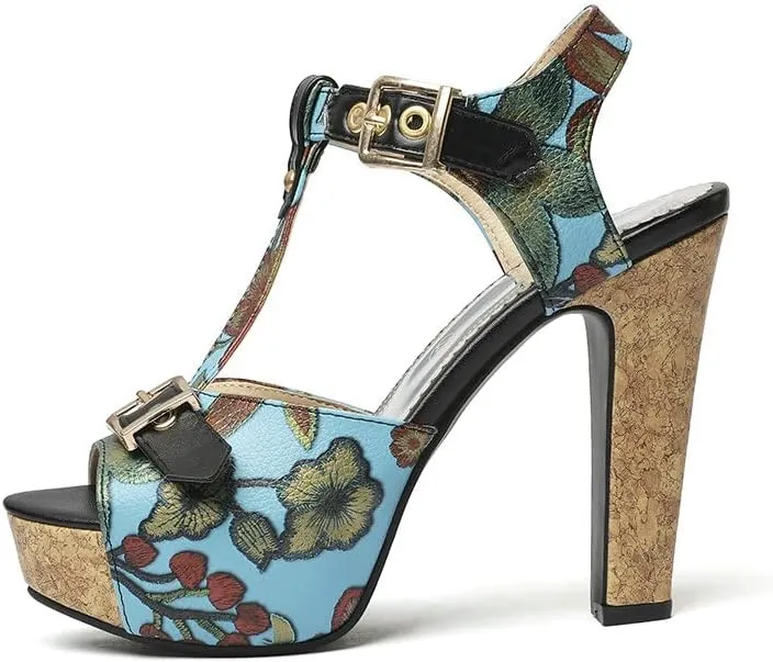 Shinelly Women Floral Peep Toe T-Strap Platform Chunky Block Heel Sandals High Heeled Sandal