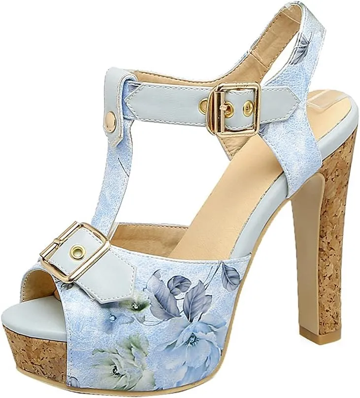 Shinelly Women Floral Peep Toe T-Strap Platform Chunky Block Heel Sandals High Heeled Sandal