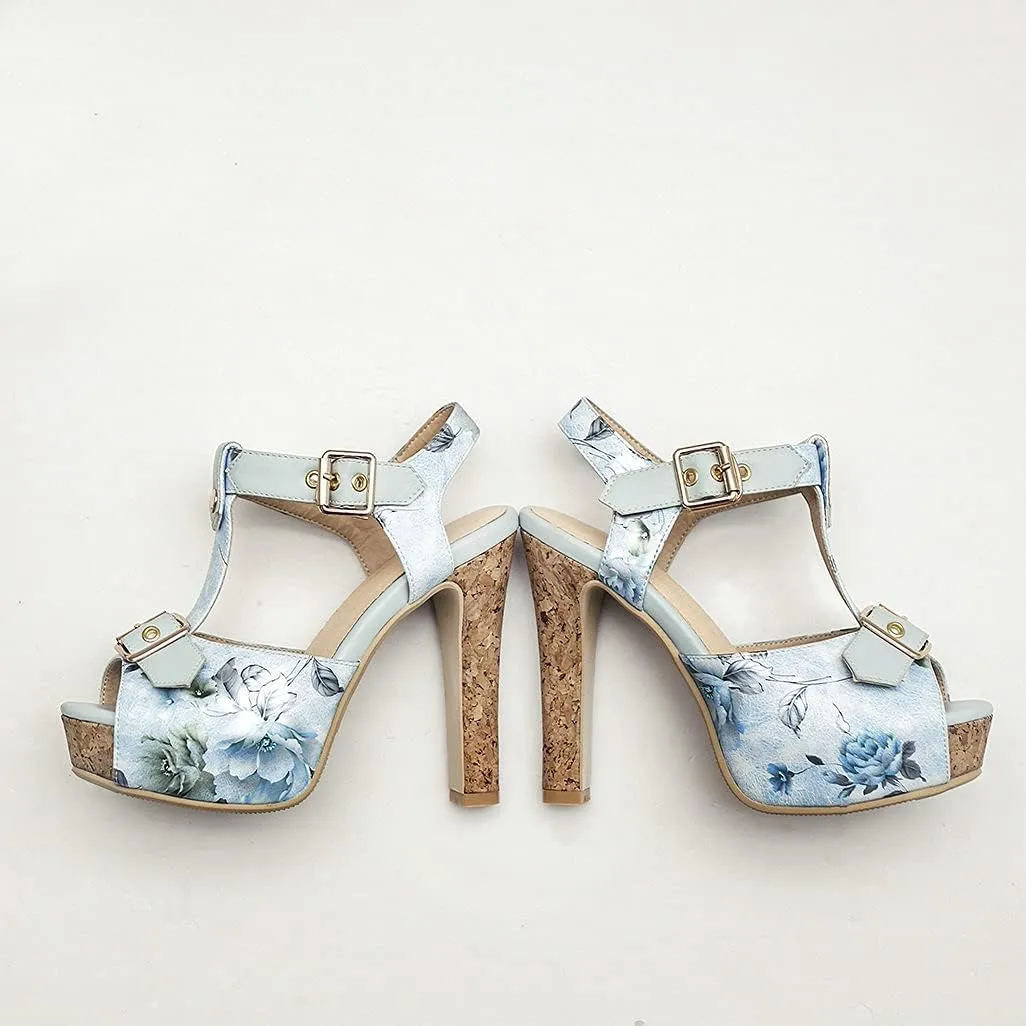 Shinelly Women Floral Peep Toe T-Strap Platform Chunky Block Heel Sandals High Heeled Sandal