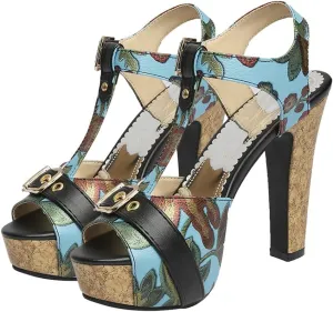 Shinelly Women Floral Peep Toe T-Strap Platform Chunky Block Heel Sandals High Heeled Sandal